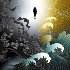 Abstract dark theme illustration featuring a floating human silhouette surrounded by evolving wave patterns symbolizing transformation and inner strength