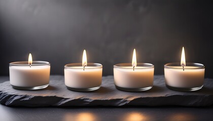 Tranquil Atmosphere With Three Lit Candles On A Dark Slate Surface In A Soft Background Setting