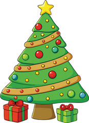 Whimsical Clay Style Christmas Tree Illustration with Multi-Color Ornaments and Two Assorted Gift Boxes, Festive Holiday Graphic