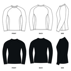 Blank jersey template for active wear. Set of white and black shirt sketches. illustration of a long-sleeved rash guard, front, back, and side views. 