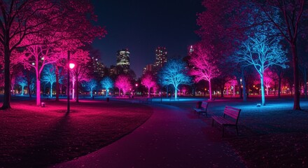 City park illumination creates vibrant magenta and cyan atmosphere during nighttime hours