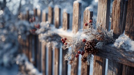 frozen wooden fence decorated for Christmas,