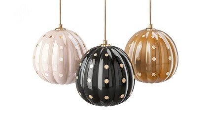 Elegant glass pendant lights — modern decorative hanging lamps in beige, black, and amber with glossy finish and gold polka dots, minimalistic luxury interior design concept