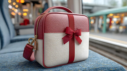A stylish red and white leather bag, decorated like a gift with a ribbon and bow, rests on a blue train seat near a window