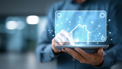 Person interacts with virtual smart home icon on transparent screen, representing advanced digital solutions. Highlights innovation, connectivity, future real estate technology - Powered by Adobe