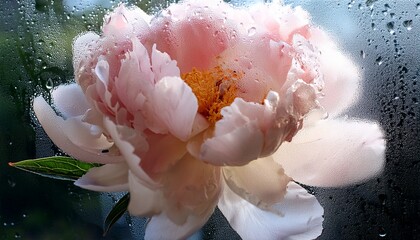 Smoke Selected Soft Focus Cream Beige Pink Peony Flower Through Glass With Wet Water Drops Abstract Natural Blur Background