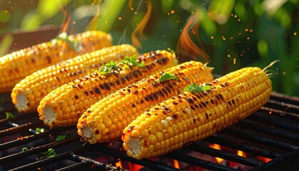 Close-up of grilled corn on the cob, charred and steaming