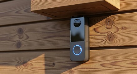 Modern Smart Doorbell with Camera on Wooden House Exterior  Security Concept.