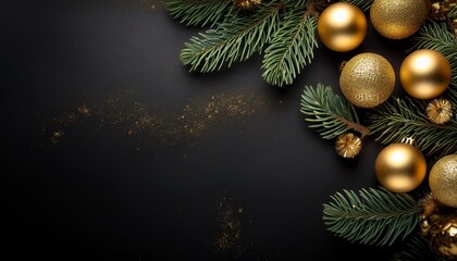 Festive Holiday Decorations With Gold Ornaments And Pine Branches On A Dark Background
