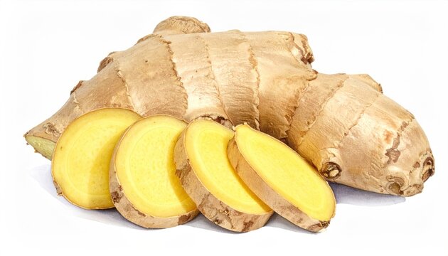 Close-up of fresh ginger root, whole and sliced, on white background - Powered by Adobe