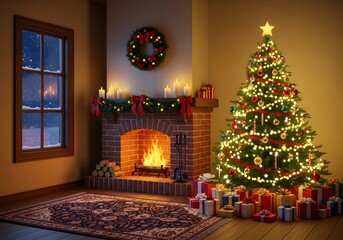 Cozy Christmas Living Room with Lit Tree, Crackling Fireplace, and Gifts, Warm Holiday Atmosphere

