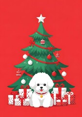 Cute White Dog Under Christmas Tree with Presents on Red Background, Festive Holiday Greeting Card Design

