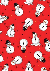 Cute Snowman Pattern on Red Background, Festive Holiday Design for Wrapping Paper and Textiles

