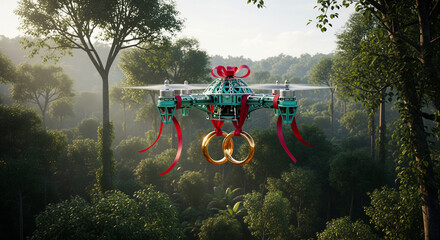 Drone carrying two golden wedding rings with red ribbons, flying in a dense green forest under a partly cloudy sky, symbolizing marriage proposal and modern romance.