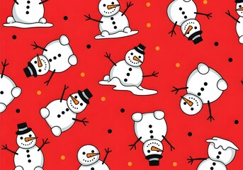Playful Snowman Pattern on Vibrant Red Background, Festive Holiday Design for Wrapping Paper and Textiles

