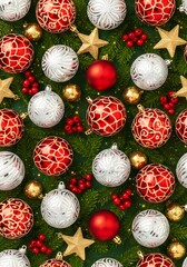 Festive Christmas Bauble Pattern on Green Background, Holiday Decor Design for Greeting Cards and Wrapping Paper

