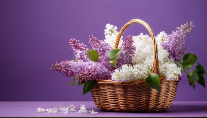 Wicker Basket Filled With Fresh Lilac Flowers And White Blooms Against A Rich Purple Background