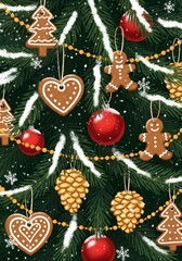 Close-Up of Christmas Tree Decorated with Gingerbread Hearts, Pinecones, and Red Baubles, Festive Holiday Scene