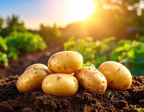 Close-up of harvested potatoes on earth, sunlit field background