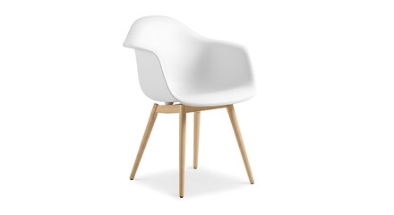 Modern White Plastic Chair with Wooden Legs with Isolated on White Background.