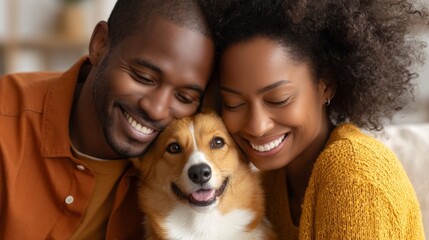 Cuddled together on a soft couch, an interracial couple beams with happiness as they lovingly embrace their cheerful corgi at home. The cozy setting radiates warmth and joy