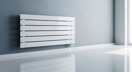 Modern white radiator heating a minimal interior design room.