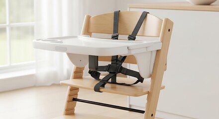 Modern wooden high chair with safety harness in a bright with minimalist room.