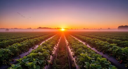 Golden Sunrise Over A Lush Strawberry Field With Rows Of Green Plants And A Misty Horizon