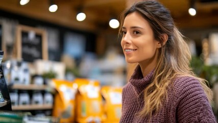 A cheerful female shopper enjoys her experience in a stylish supermarket, surrounded by vibrant products and inviting decor. The image captures a trendy, everyday lifestyle moment in retail