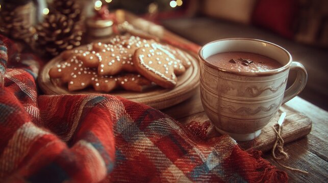 gingerbread cookies and hot cocoa on cozy blanket,