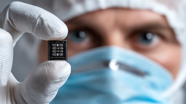 Close-up of a technician holding a microchip in a sterile environment, emphasizing precision and innovation in electronics