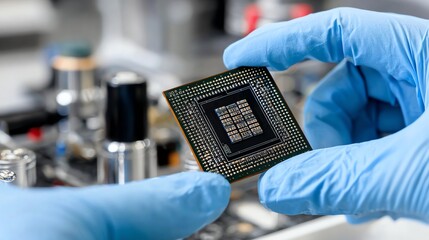 This image showcases a hand wearing a blue glove carefully holding a computer microprocessor, highlighting advancements in technology and the precision of modern electronics manufa