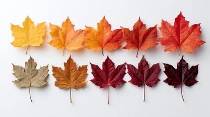 A vibrant collection of colorful autumn leaves arranged in a row. Each leaf showcases unique shades of red, orange, and yellow, highlighting the beauty of fall's changing foliage.