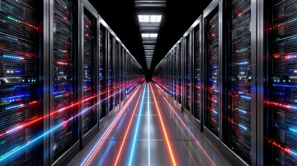 A striking view of a modern data center with illuminated server racks