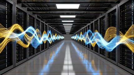 A futuristic data center featuring rows of servers and vibrant digital wave patterns