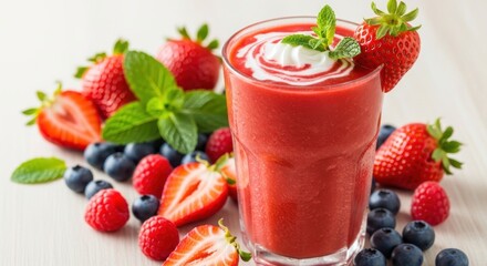 Freshly blended mixed berry smoothie in a glass with a mint and whipped cream garnish, surrounded by fresh strawberries, blueberries, and raspberries on a light wooden table