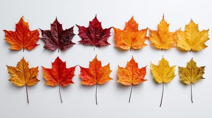 A vibrant arrangement of colorful maple leaves displayed in a stunning gradient from deep red to bright yellow, perfect for autumn-themed designs and seasonal decorations.