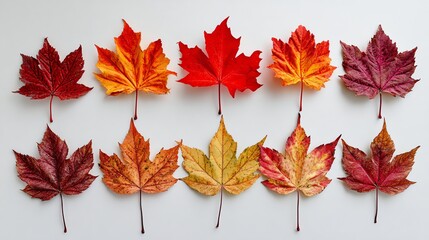 A vibrant collection of autumn leaves showcasing various hues of red, orange, and yellow. Perfect for nature lovers and illustrating seasonal change in botanical studies.
