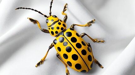 A vibrant yellow beetle with stunning black spots rests on a smooth white surface. The intricate details and vivid colors highlight the beauty of nature's tiny creatures.