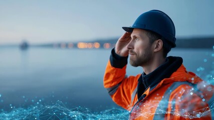 A professional worker in protective gear surveys a modern industrial landscape at twilight, symbolizing innovation and technology. Digital connections highlight the future of engineering - Powered by Adobe