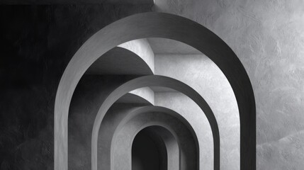 Obraz premium Minimalist architectural design with curved arches in grayscale creating a sense of depth and perspective in a modern space