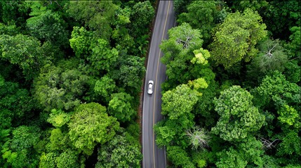 Aerial view of a winding road surrounded by lush green trees. The serene landscape showcases the beauty of nature, inviting exploration and peaceful travel through the countryside.