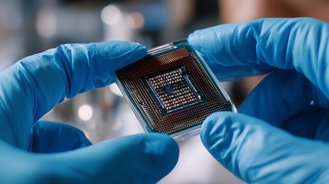 Close-up of a scientist's hands holding a computer microprocessor chip in a lab. Blue gloves ensure cleanliness, showcasing advanced technology in electronics and innovation.
