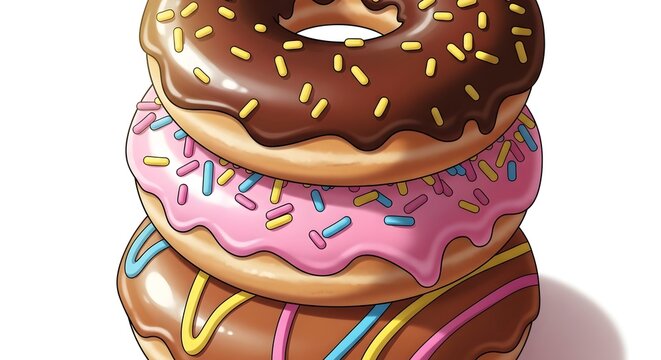 Stack of three delicious donuts with chocolate pink and brown frosting glaze