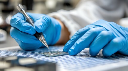 Close-up of hands wearing blue gloves, carefully working on a circuit board with a pen. The image emphasizes precision and attention to detail in a scientific environment.