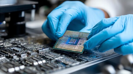 A technician wearing blue gloves carefully installs a microchip onto a circuit board in a high-tech environment, showcasing precision and advanced technology in electronics manufac