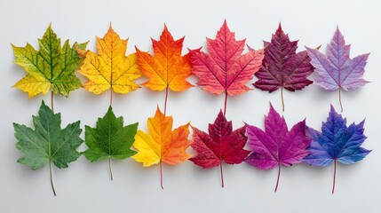 A vibrant collection of multicolored maple leaves displayed in a neat row, showcasing the beauty of autumn hues ranging from green to deep red and purple, perfect for nature themes