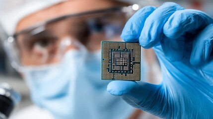 A scientist in protective gear examines a microprocessor in a lab, showcasing the intricate design and details of modern semiconductor technology in a high-tech environment.
