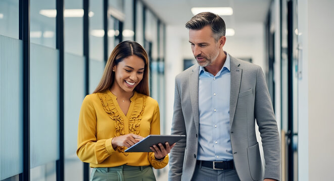 Professional diverse business colleagues walking through a modern office hallway, collaborating and discussing ideas on a digital tablet.