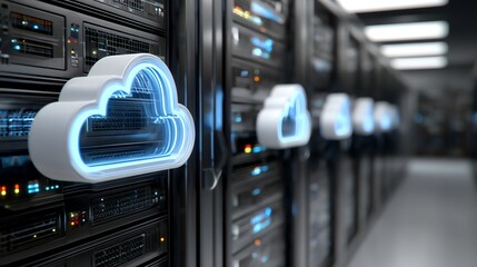 A modern data center showcasing sleek servers with illuminated cloud icons representing cloud computing and storage